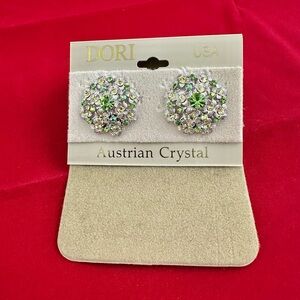 Dori Green & Silver Flower Rhinestone Clip On Earrings Austrian Crystal USA